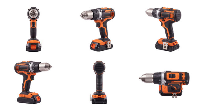 Cordless electric drill set with 6 different angles, orange and black power tools for construction, professional battery operated hand drills isolated on White Background