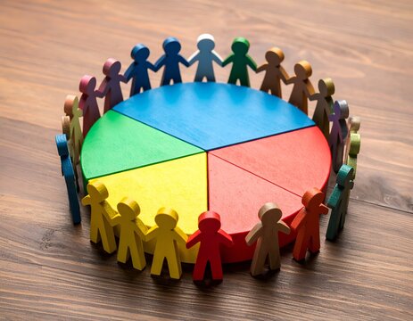 Colorful wooden figures encircling a vibrant pie chart on a wooden table