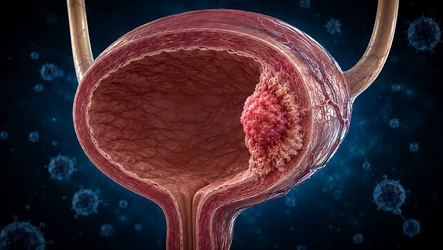 Bladder Cancer with Papillary Urothelial Carcinoma, Human Urinary Bladder Anatomy and Urologic Oncology Pathology, Medical Illustration