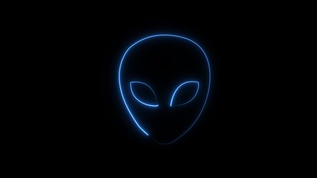 Glowing neon Alien head icon on black background. Martian head icon animation. Extraterrestrial alien face or head icon symbol. Space alien face, extraterrestrial, Martian emoji, humanoid.