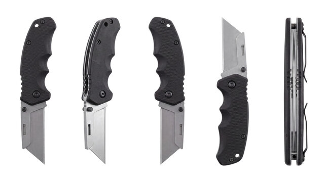 Tactical folding utility knife set, professional retractable box cutter with black handle, heavy duty industrial pocket knife collection for construction isolated on White Background