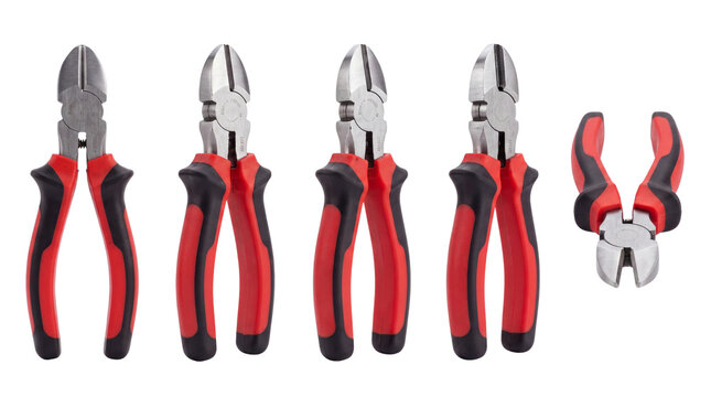 Professional diagonal cutting pliers set, heavy duty wire cutters with ergonomic red and black handles, industrial steel hand tools for electrical work isolated on White Background