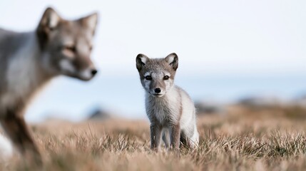 Naklejka premium Curious Arctic fox pup standing in dry tundra grass with an adult fox blurring in the foreground, portraying protection and family bond