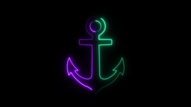 Glowing neon Anchor icon isolated on black background. Anchor Icon animation. symbolizing maritime themes, ship stability and ocean navigation. Ideal for nautical content, travel video motion graphic.