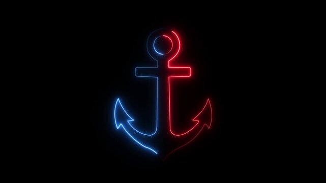 Glowing neon Anchor icon isolated on black background. Anchor Icon animation. symbolizing maritime themes, ship stability and ocean navigation. Ideal for nautical content, travel video motion graphic.