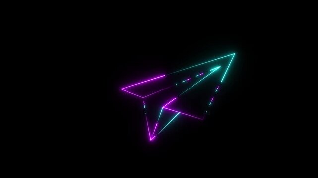 glowing Neon paper airplane icon animation on black background. paper plane icon animation. Neon Paper airplane is flying.
