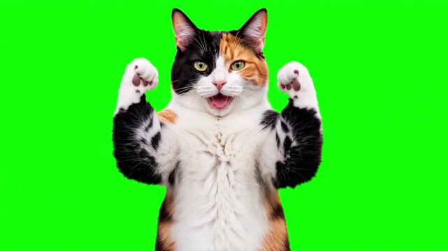 Realistic cat raising hands and cheering joyfully, victorious business success and winning celebration concept isolated on chroma key green screen background. 3D.