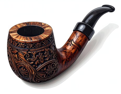 Ornate, carved wooden pipe with a black stem, casting a shadow, isolated on white
