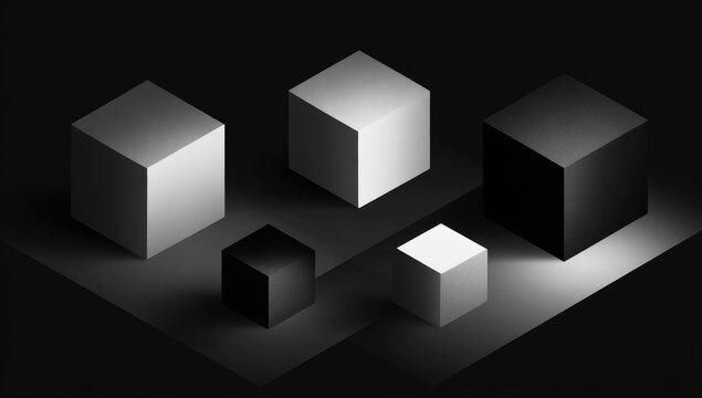 Isometric representation featuring five geometric cubes with different shades of gray set on a dark gray surface, creating an illusion of depth