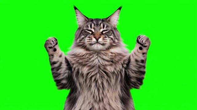 Realistic cat raising hands and cheering joyfully, victorious business success and winning celebration concept isolated on chroma key green screen background. 3D.