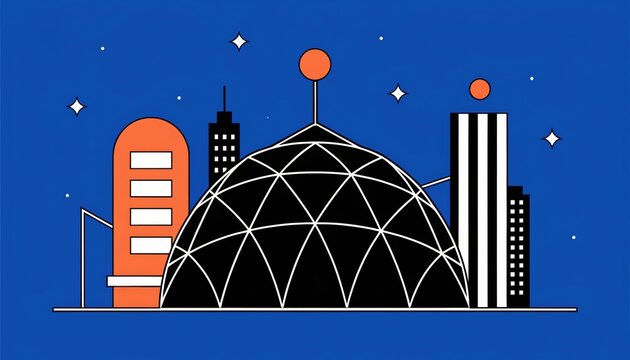 Modern city skyline with geometric dome and abstract buildings at night