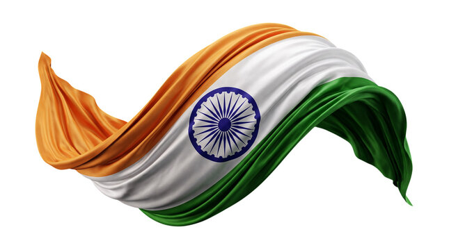 Dynamic flowing indian flag with silky texture, isolated on transparent background