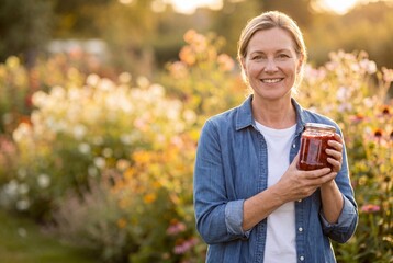 Fototapeta premium A smiling middle-aged woman standing in a beautiful sunlit flower garden, proudly holding a glass jar of homemade red berry jam.