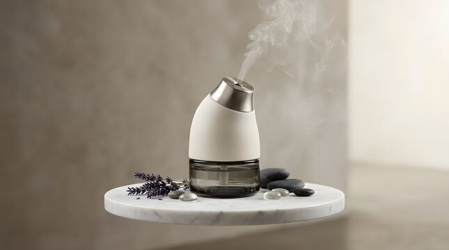Modern electric aromatherapy oil diffuser releasing cool mist on white marble surface with lavender and black stones.