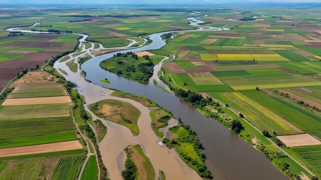 Aerial view of a winding river meandering through colorful agricultural fields under clear skies