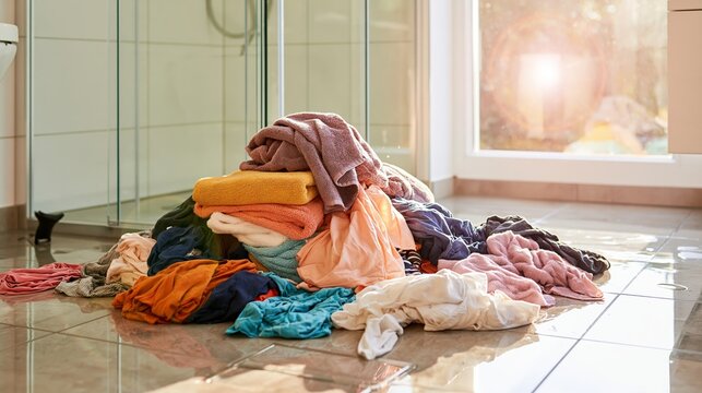 Pile of colorful dirty laundry and wet towels on a bathroom floor, symbolizing domestic life, chores, and potential mess