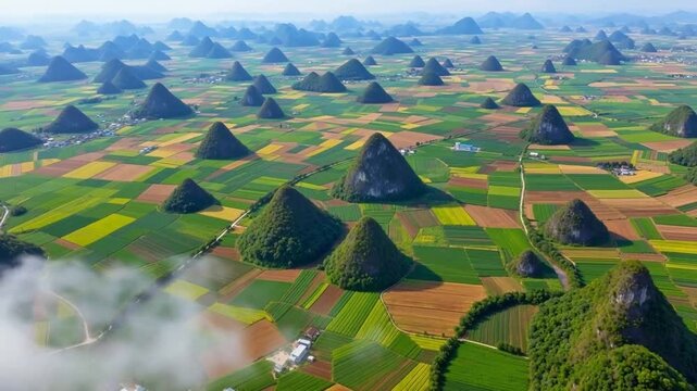 Aerial view of distinctive conical karst hills rising from patchwork agricultural fields under a partly cloudy sky