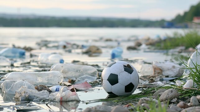 Polluted water filling with plastic bottles, trash, and a discarded soccer ball along a dirty shore, depicting environmental neglect