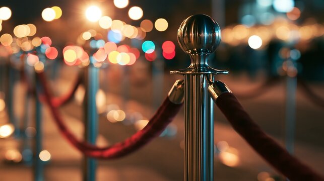 Polished stanchion with a red velvet rope guiding the way at an exclusive night event, blurred city lights illuminating the background