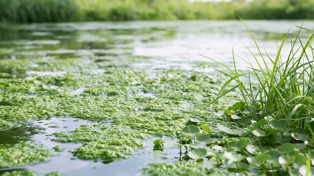 Green algae bloom covering still water, creating thick, vibrant green textures and patterns, reflecting the environmental impact of eutrophication