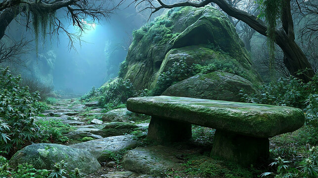 Moss Covered Stone Bench In Ancient Forest Clearing