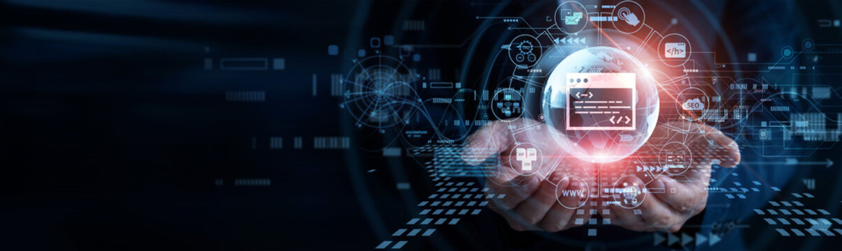 Frontend engineer. Human hands holding Web Development glowing global globe programming interactive application code. Software team deploying responsive internet platform graphics.