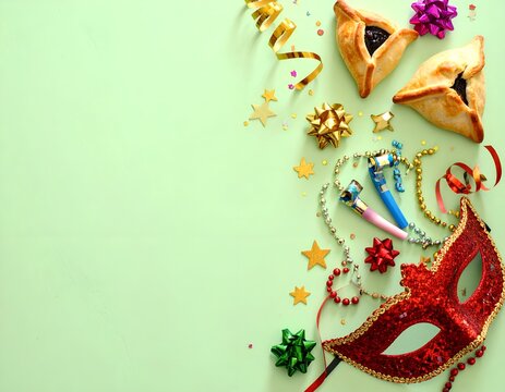 Festive arrangement with traditional pastries, mask, noisemakers, and confetti