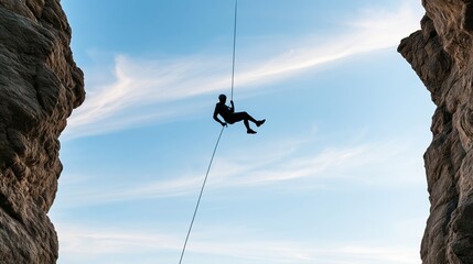 Obraz premium Climber silhouette rappelling between towering rock formations, demonstrating adventure and extreme sport