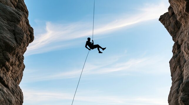 Climber silhouette rappelling between towering rock formations, demonstrating adventure and extreme sport