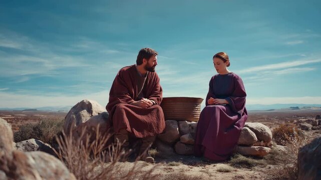 Biblical Scene Depicting Moses Meeting Zipporah Near an Ancient Stone Well