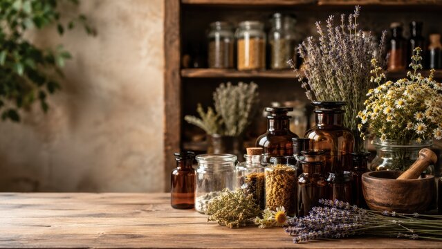  rustic apothecary setup featuring dried herbs, amber glass bottles, and a wooden mortar on a wooden table with a warm vintage background.