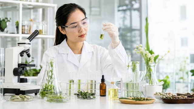 female scientist in a lab coat examines a plant sample in a test tube amid scientific equipment and greenery in a bright laboratory setting.