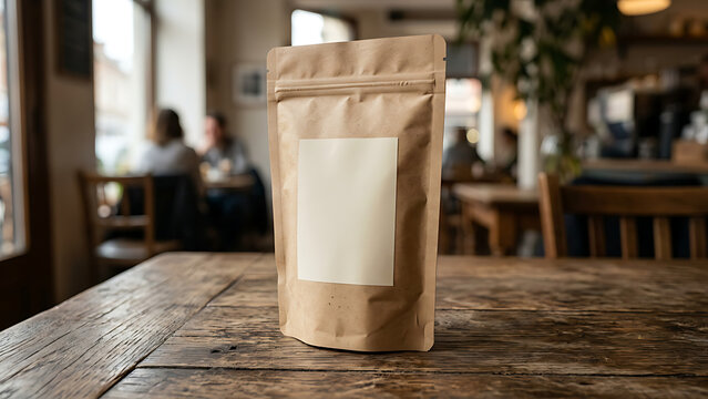 Blank kraft paper pouch mockup on rustic cafe table
