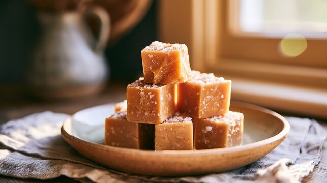 Salted caramel fudge cubes piling on ceramic plate, delicious homemade dessert, warm natural light