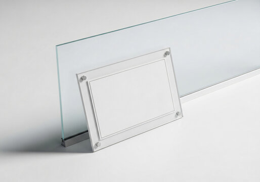 Blank acrylic plaque mockup on glass partition in bright office space