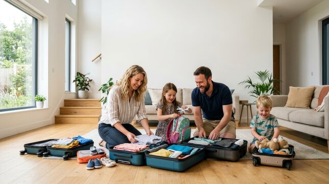 Family packing suitcases together in bright living room.
