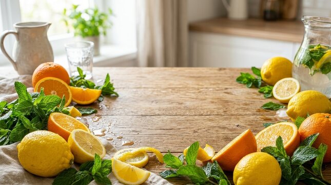 Fresh Citrus Fruits and Herbs on Rustic Wooden Table.