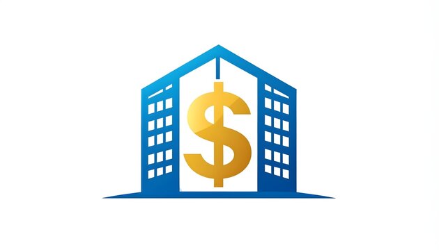 Abstract business building logo with golden dollar sign representing financial bank wealth and real estate investment