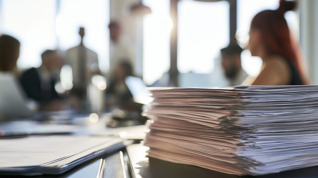 Stack of paper documents on office desk with blurred business people meeting, professional workload and administration