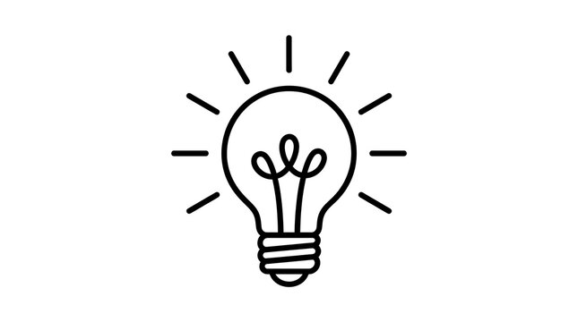 Minimalist light bulb icon on white background, glowing lightbulb line art for creative ideas, simple black and white light bulb symbol for innovation
