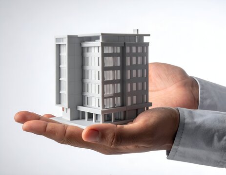 Human hands cradle a miniature, white building model against a clean, white background