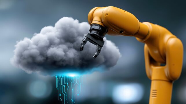 Robotic Arm Reaching for Cloud Technology with Circuit Elements Depicting Modern Innovation and Digital Transformation in Industry 4.0 Applications