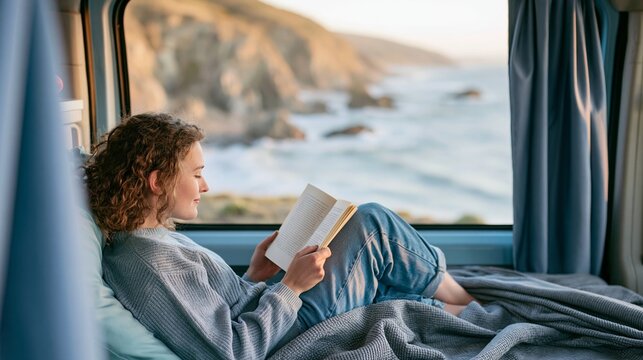 Woman relaxing inside camper van, reading book, enjoying ocean view from coastal cliff window