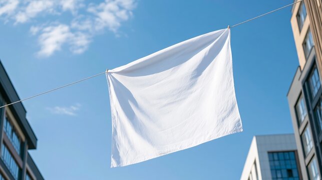 White sheet billowing on a clothesline between modern buildings under a clear blue sky, presenting a blank canvas