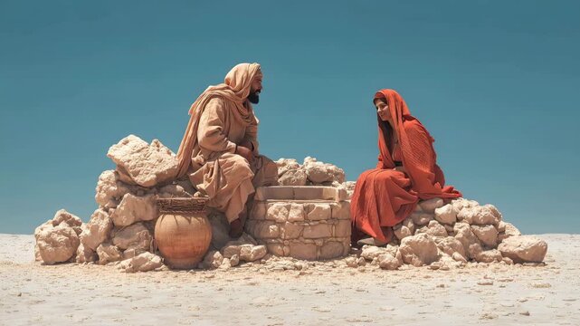 Moses and Zipporah Talking at the Well. Biblical Story Scene