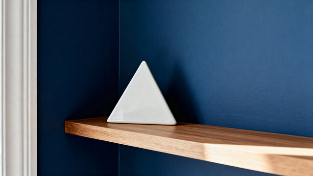 equilateral. White triangle ceramic object on wooden shelf against blue wall, minimalist home decor concept, lifestyle magazines.