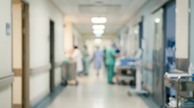Hospital corridor blurred background medical clinic healthcare facility emergency room hallway doctors nurses movement busy ward