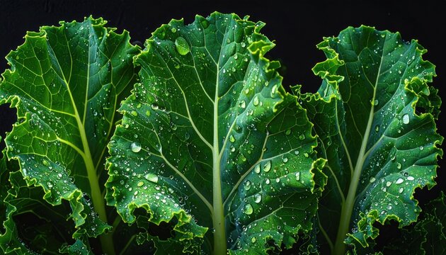 Three vibrant kale leaves, adorned with glistening water droplets, against a dark backdrop, showcasing intricate textures