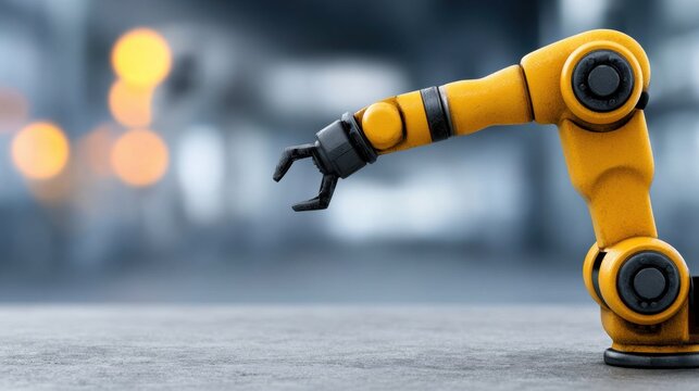 Industrial robotic arm with a yellow color and a gripper, operating in a modern manufacturing environment with blurred background lights