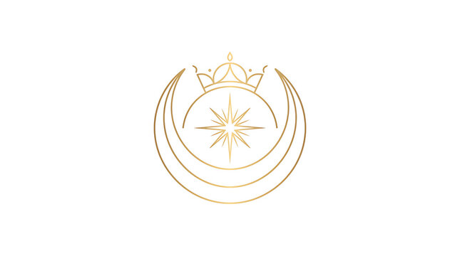 Elegant golden vector logo featuring a crescent moon, glowing sun, and a crown with star elements isolated on a white background